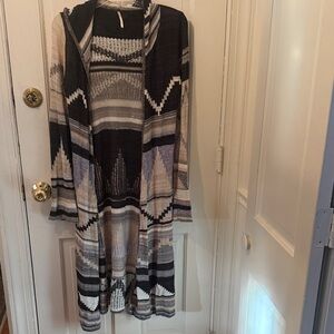 Free People long hooded lightweight sweater in cream, grays and beige, S.